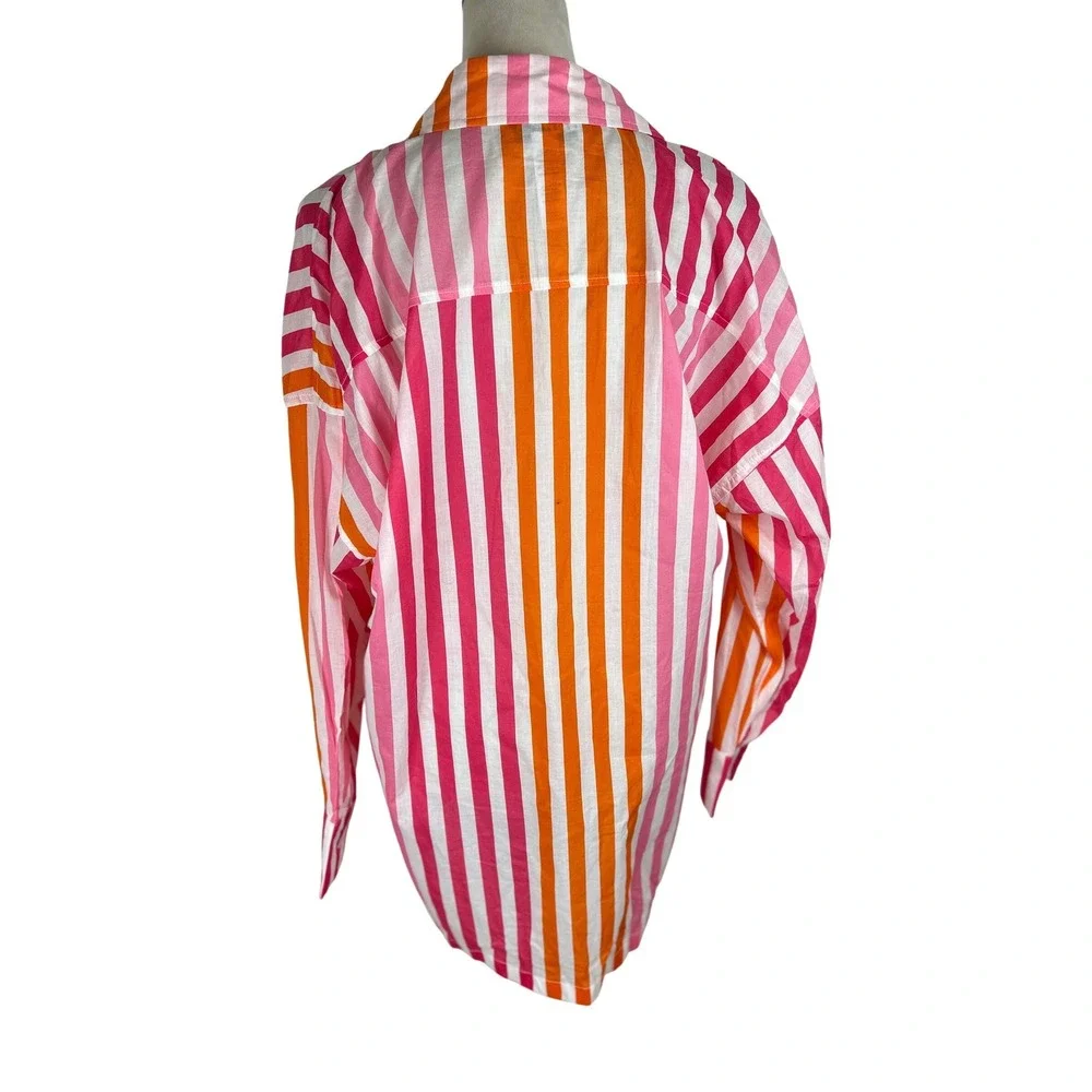 Beach Riot Pink Orange Striped Oversized Cotton Button Down‎ Shirt Womens L/XL